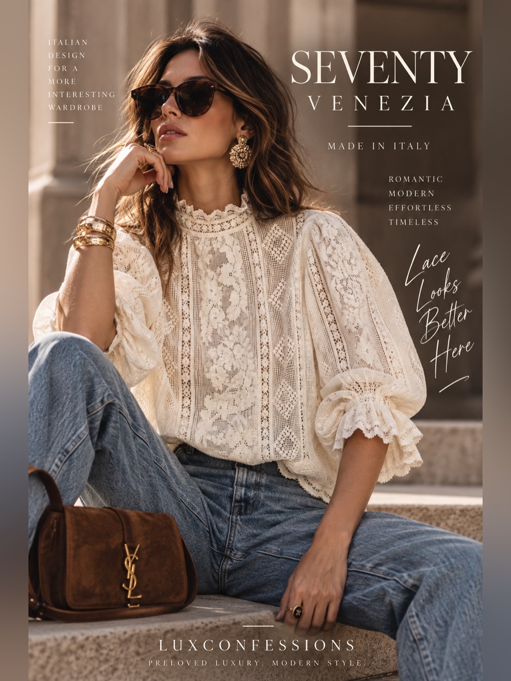 Seventy Venezia Ivory Openwork Lace Ruffle Blouse IT 44 or US 8 NWT Made Italy